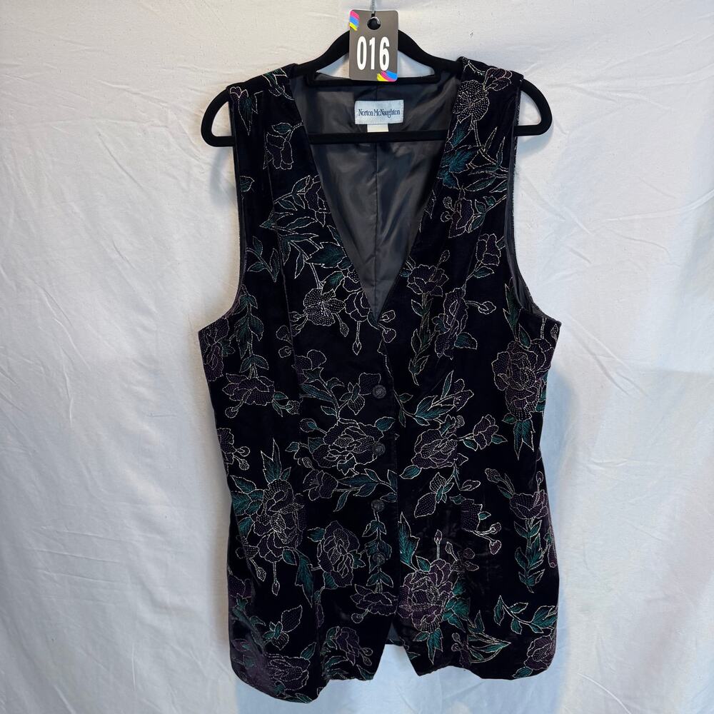 Norton McNaughton Vintage Velvet Floral Vest Size 14 Black Purple Green Goth 90s